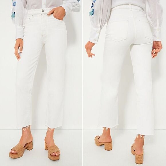 NWT Le Jean Sabine Straight Leg White Denim Jeans w Raw Hem Size 28 - Picture 1 of 11